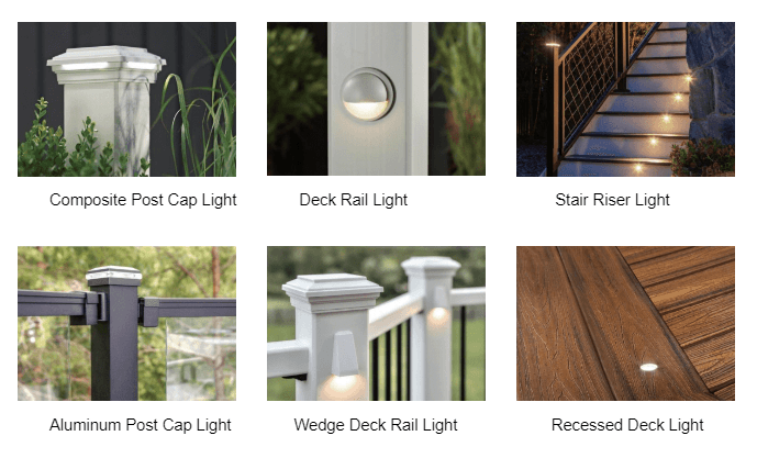 Lighting options: composite post, deck rail light, stair riser, aluminum post cap, wedge deck, recessed